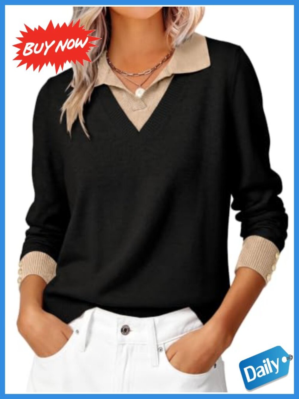 Womens Lightweight Polo Pullover Sweater Long Sleeve V-Neck Knit Top
